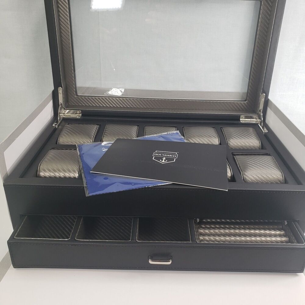 Houndsbay Yachtsman Vegan Leather Watch Jewelry Case 10 Slots With Pull Out Draw - Picture 4 of 16